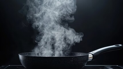 Steaming Hot Frying Pan on Black Background with Smoke Rising in Kitchen