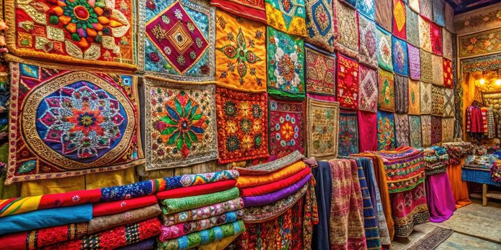Vibrant silk and cotton fabrics with intricate embroidery, colorful patterns, and ornate motifs adorn the walls of a bustling Indian marketplace, showcasing rich cultural heritage.