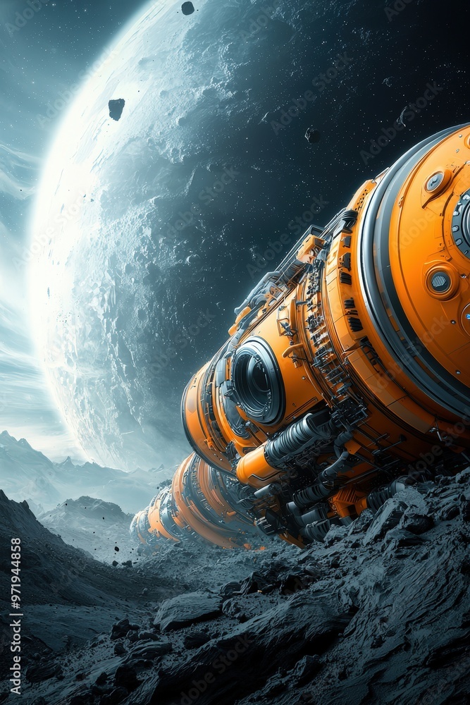 Poster advanced space mining operation with robots extracting minerals on an asteroid