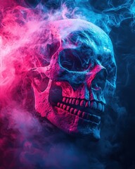 A human skull surrounded by vibrant pink and blue smoke.