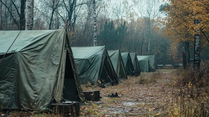 Row of Military Tents in the Woods