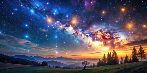 Vibrant starry night sky with twinkling celestial bodies, swirling clouds of gas and dust, and shimmering constellations like Orion, Cassiopeia, and Ursa Major.