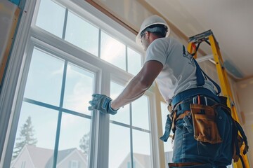 Workers installing a window