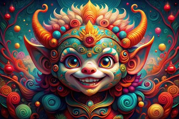 Vibrant, stylized, and colorful digital illustration of a mythical creature with red cheeks and a cheerful face, surrounded by abstract shapes and swirling patterns.
