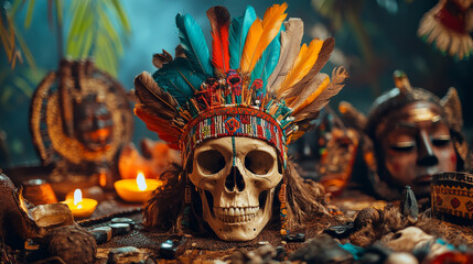 Naklejka premium A vibrant skull adorned with colorful feathers sits amidst candles and artifacts, creating mystical atmosphere. intricate details evoke sense of cultural richness and spiritual connection