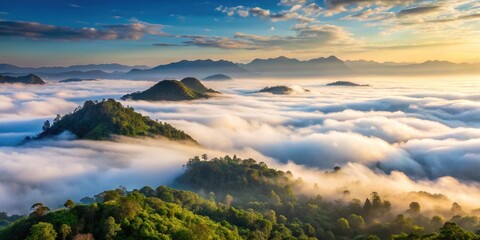 Naklejka premium Sea of clouds over the mountains in Yala Province, Thailand , cloudy, misty, scenic, panoramic, serene, tranquil, landscape, nature