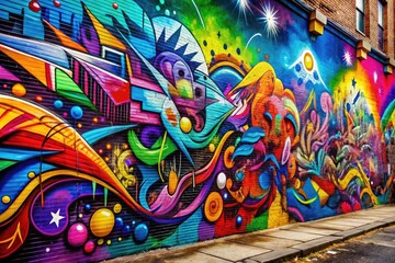 Obraz premium Vibrant, stylized graffiti artwork covering a city wall, featuring splashes of bright colors, abstract shapes, and bold typography, perfect as a trendy computer desktop background.