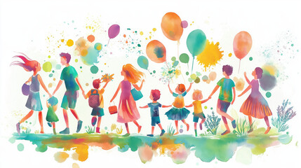 Fototapeta premium A colorful celebration scene depicting a joyful group of people holding balloons and enjoying a festive atmosphere together.
