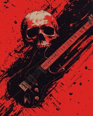 Artistic black electric guitar and skull design in vibrant red tones.