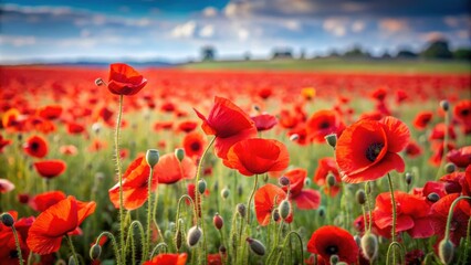 Naklejka premium of a vibrant poppy field in red and black colors, poppy, field, flowers, vibrant,nature, spring, bloom, petals, meadow, red