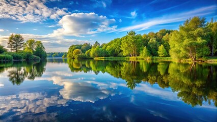 Fototapeta premium Serene reflection of trees and sky in tranquil lake surrounded by nature in summer, reflection, trees, sky, lake, tranquil