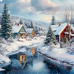 Snow-Covered Cottage in a beautiful Winter landscape