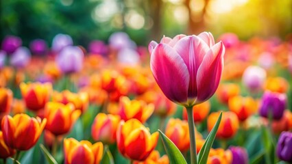 Tulip flower in bloom surrounded by blurry tulips in a garden , Spring, flowers, tulips, garden, blooming, colorful, nature