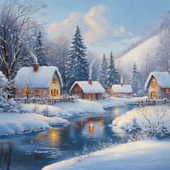 Snow-Covered Cottage in a beautiful Winter landscape
