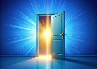 Vibrant, stylized illustration of an open door with a glowing light, symbolizing hospitality, acceptance, and invitation, set against a soft, gradient blue background.