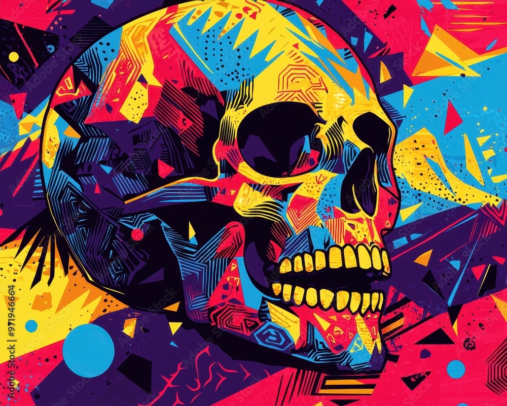 Poster colorful abstract skull design with vibrant geometric patterns in contrasting colors.