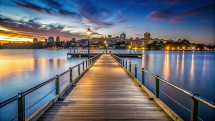 Fototapeta premium Evening view of a pier in Glebe, Sydney , Sydney, Australia, pier, evening, water, reflection, cityscape, skyline, twilight