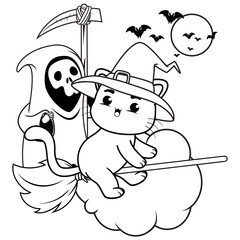 Halloween coloring page with cat for kids