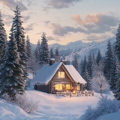 Snow-Covered Cottage in a beautiful Winter landscape