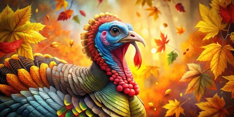 Vibrant, stylized illustration of a proud turkey with bright feathers and a bold, expressive face, set against a warm, autumnal background with fall leaves.