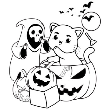 recommend clip art: Halloween coloring page with cat for kids