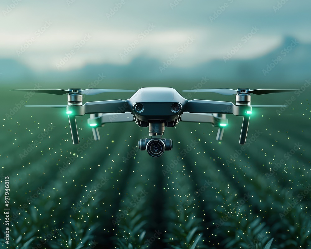 Poster futuristic agriculture drone monitoring crops with advanced sensors and ai