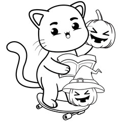 Halloween coloring page with cat for kids