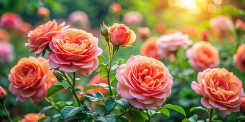 Beautiful coral roses blooming in a vibrant garden , flowers, coral, roses, garden, botanical, vibrant, blooming, petals, nature
