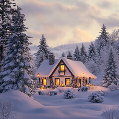 Snow-Covered Cottage in a beautiful Winter landscape