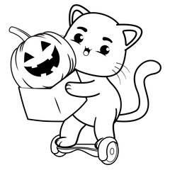 Halloween coloring page with cat for kids