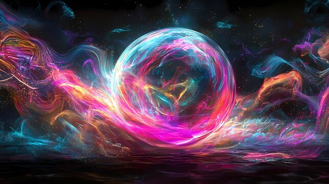 A vibrant cosmic sphere dominated by swirling colors in a galactic setting.
