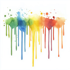 Fototapeta premium Watercolor Colorful Illustration Artwork Stain Drips. Rainbow colors of paint dripping on white background. Abstract watercolor flow down hand painted background