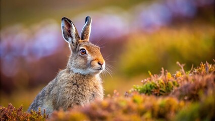 Fototapeta premium Shallow focus shot of a Mountain Hare in Glenshee, Scotland, UK , Mountain Hare, wildlife, field, Glenshee, Scotland, UK, nature, animal