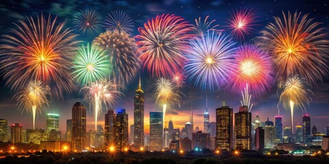 Celebrating Independence Day with fireworks display over a city skyline, fireworks, America