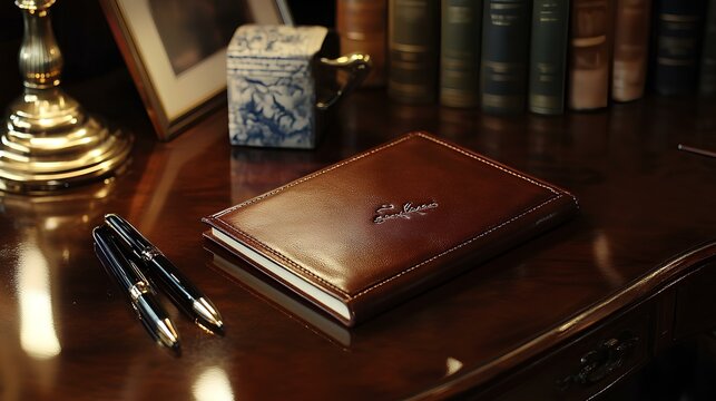 A custom 3D-engraved leather notebook cover, placed on a polished desk with artistic stationery