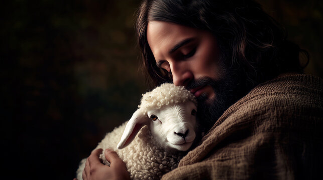 Jesus Christ is holding a little white sheep. AI generative