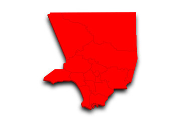 3d Map of Los Angeles County with regions and color. California, United State of America, US, United State