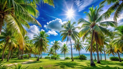 Obraz premium Tropical paradise with large palm trees, vibrant blue sky, and lush greenery perfect for a summer vacation escape , palm tree