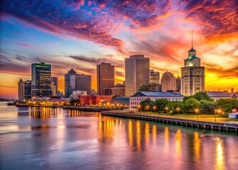 Obraz premium Vibrant sunset casts a warm glow on the Crescent City's iconic skyline, featuring curved Mississippi River waterfront, historic buildings, and modern high-rises.