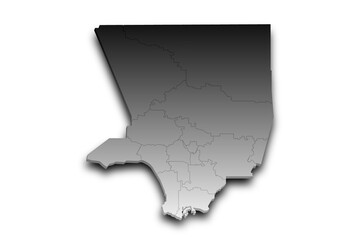 3d Map of Los Angeles County with regions and color. California, United State of America, US, United State