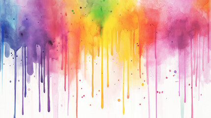 Fototapeta premium Watercolor Colorful Illustration Artwork Stain Drips. Rainbow colors of paint dripping on white background. Abstract watercolor flow down hand painted background