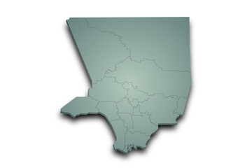 3d Map of Los Angeles County with regions and color. California, United State of America, US, United State