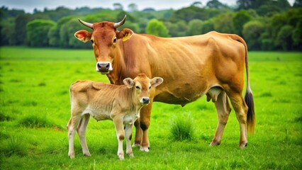 Cow and calf standing together in a lush green farm field, with the calf feeding from the cow, livestock, animals, farm