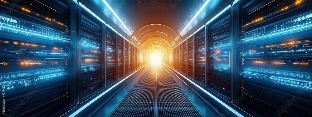Poster futuristic data center with advanced cooling and ai-driven management systems