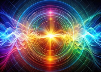 Fototapeta premium Vibrant, swirling patterns of colorful electromagnetic waves radiate from a central point, illustrating the frequencies and oscillations of light, radio, and other forms of energy transmission.