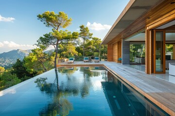Fototapeta premium Modern wooden house with a pool in the Mediterranean countryside, featuring a terrace overlooking hills, surrounded by trees and greenery under a blue sky during a summer evening.