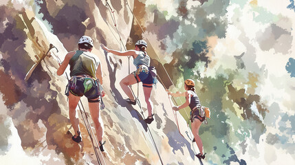 Obraz premium A group of climbers conquering a rocky mountain, showcasing teamwork and adventure in a vibrant natural setting.