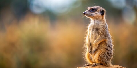 Meerkat standing alert on hind legs, scanning the horizon for potential predators, meerkat, alert, guard, predator, wildlife
