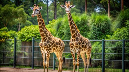 Obraz premium Two giraffes standing tall in their enclosure at the zoo, giraffe, tall, animals, wildlife, nature, captivity, zoo
