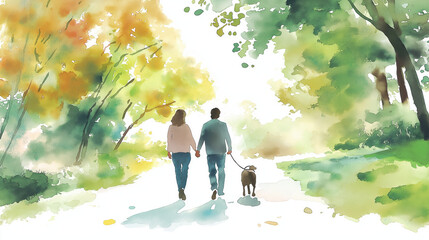 A couple walks hand in hand with their dog along a vibrant path, surrounded by lush greenery and warm autumn colors.